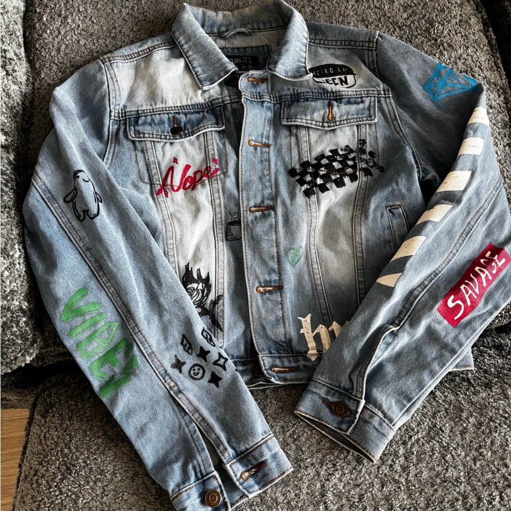 Rue21 Blue Jean Jacket with Graphic Patches